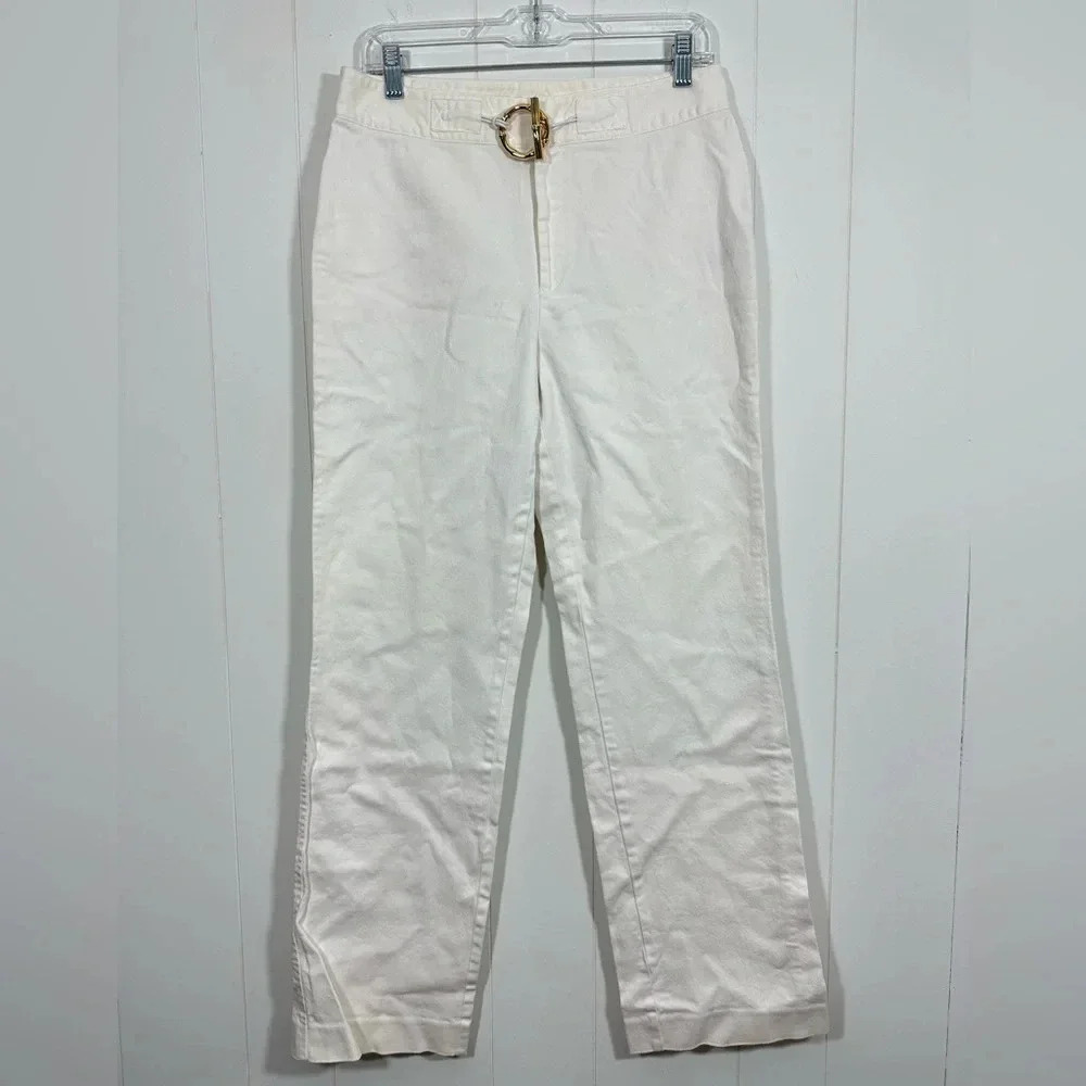 Lauren Jeans Co. White Cotton Stretch Jeans pants SZ 8 Buckle Accent